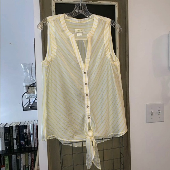 Anthropologie Maeve Yellow Stripe Sleeveless Buttondown Top Size 10 Tie Front - Picture 4 of 7
